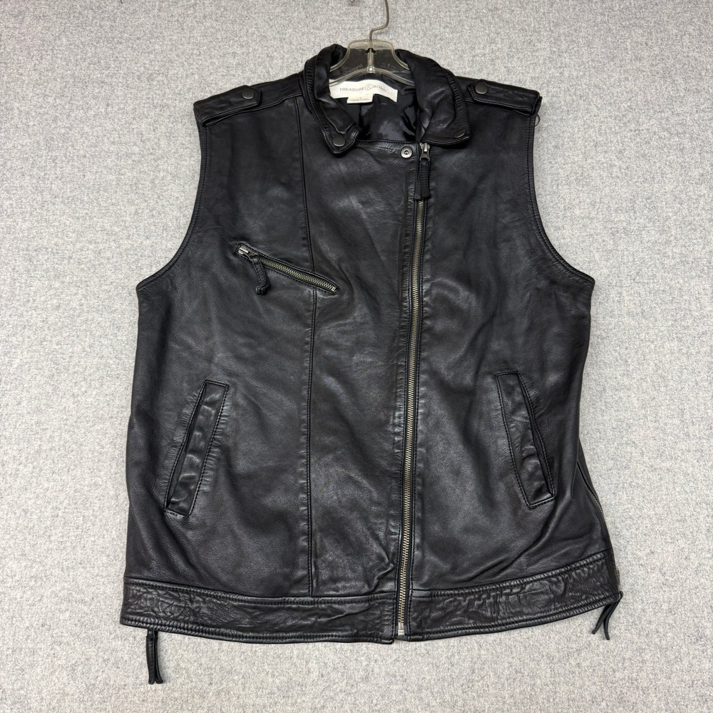 Treasure & Bond Leather Moto Vest Large Black Asymmetrical Zip Biker Sleeveless